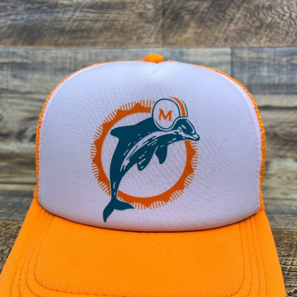 Miami Dolphins Mens Trucker Hat Orange Snapback 1966 Vintage Logo Football Cap - Picture 3 of 7